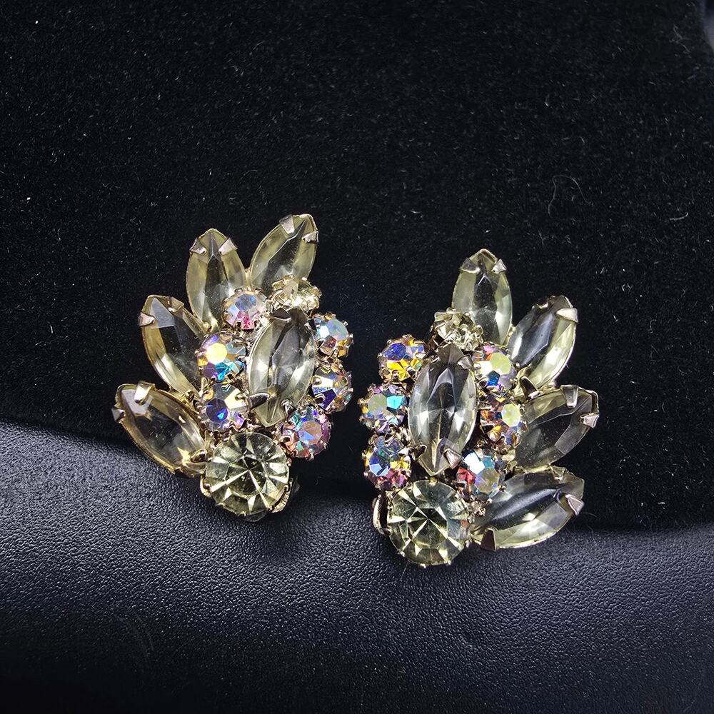 Weiss Aurora Borealis Clip On Earrings Champagne Rhinestone Vintage Glam Jewelry